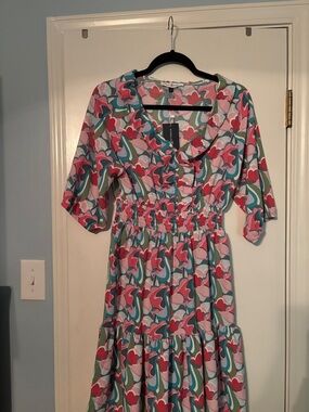 Floral Multicolor Tiered Midi Dress with Ruffle Neckline by Michelle  size small